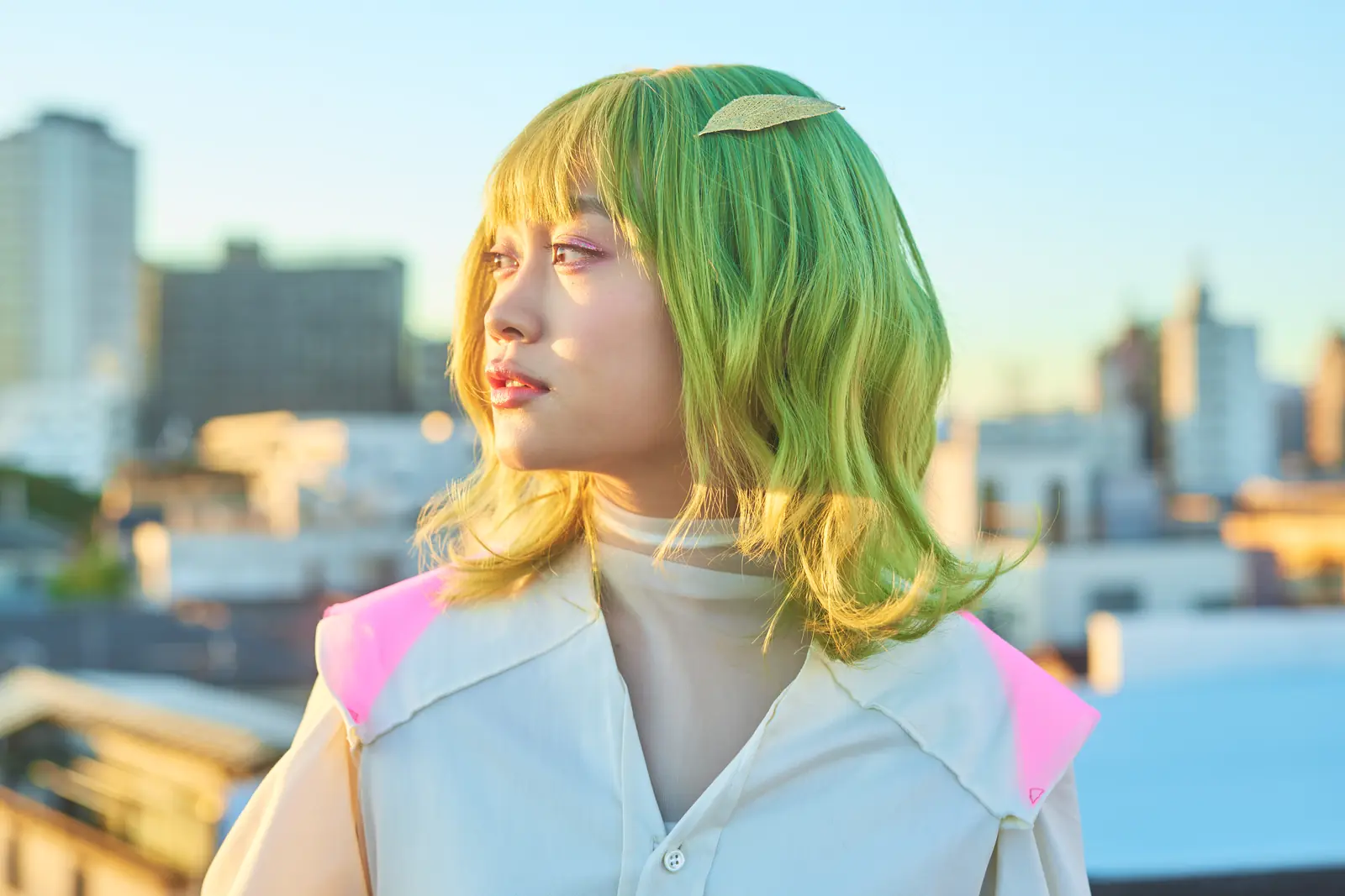 アートの子。緑の髪に葉のかたちのヘアピンをつけ、夕暮れの街を背に横を向いている